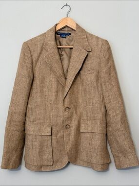 Ralph Lauren Blue Label Linen Herringbone Blazer Suede Elbow Patch Size 10 Japan